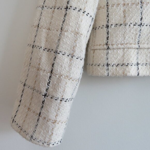 MANGO MNG Cropped Tweed Blazer in Cream Plaid Preppy Old Money Academia Size XS - Picture 7 of 13